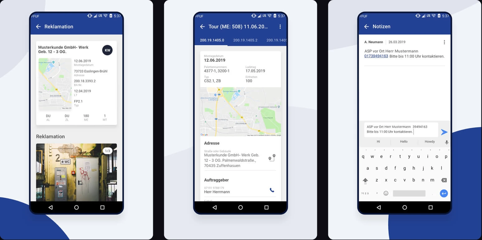 FFUF route-documentation app screens showing a complaint, route details and notes