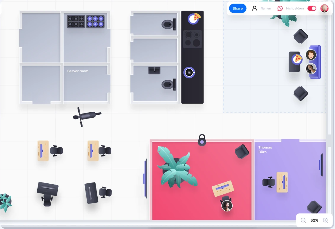 hyo virtual office interface with rooms, desks and colleague avatars