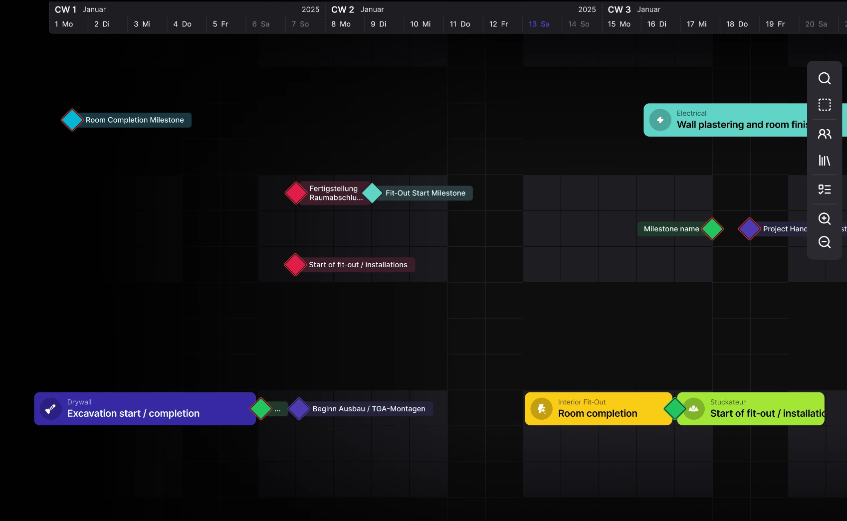 lcmd construction planning interface with a timeline, tasks and milestones