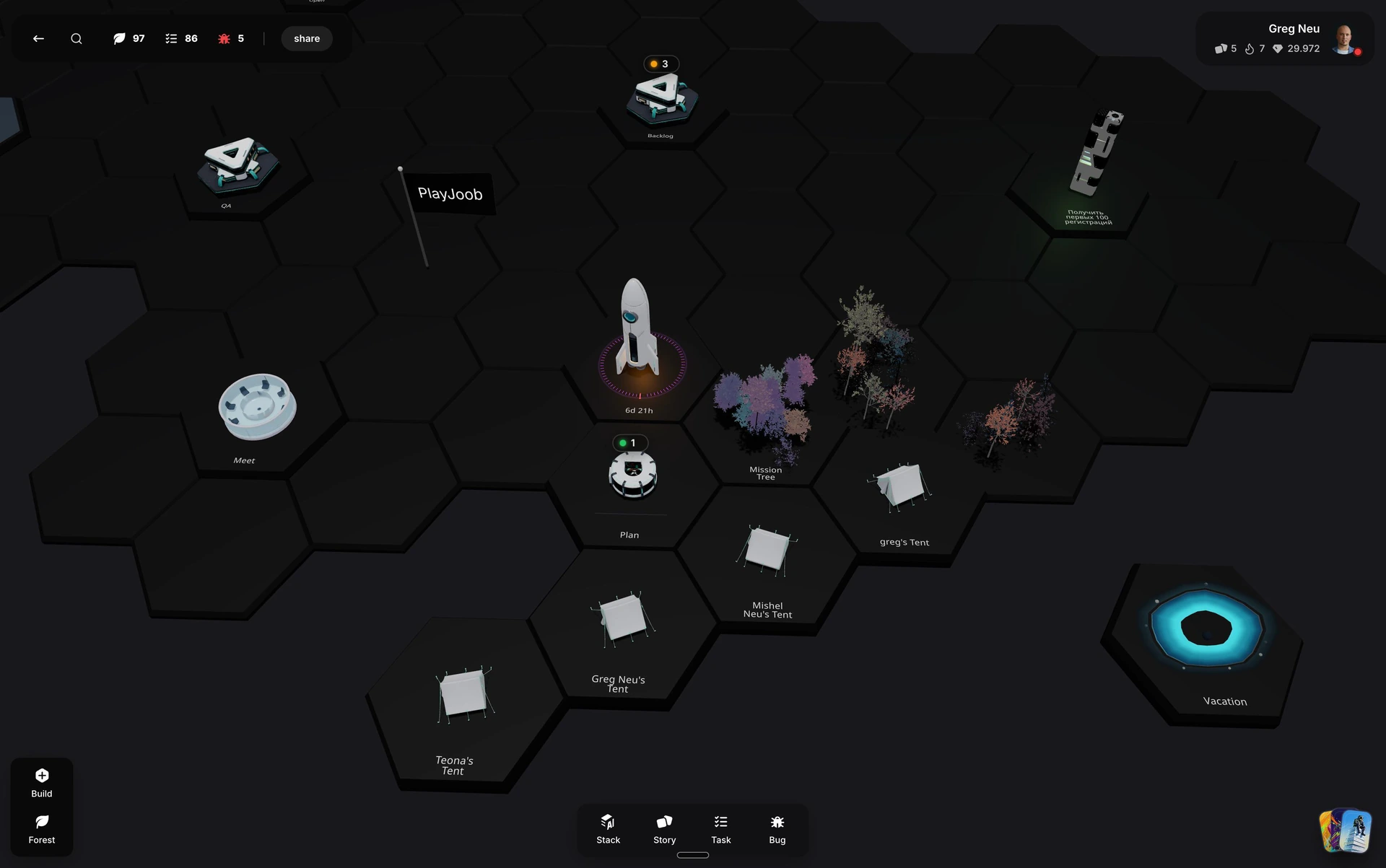 PlayJoob product interface with a visual map, missions and team spaces