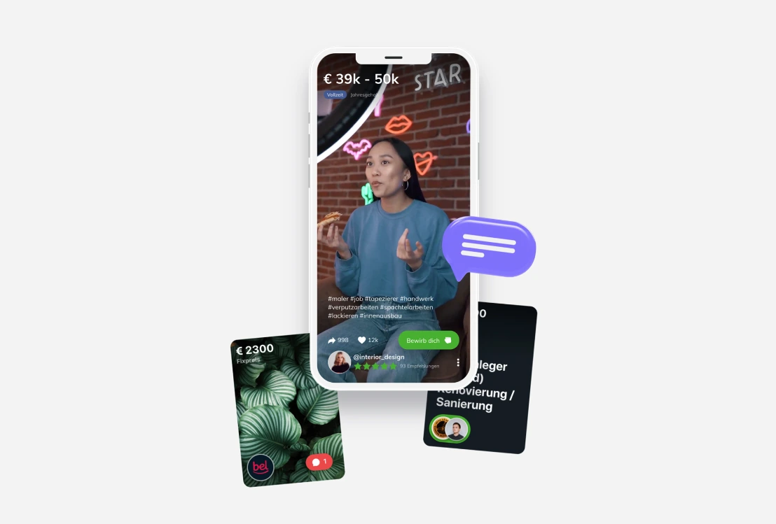 YourWork mobile app concept with a video job offer and floating job cards